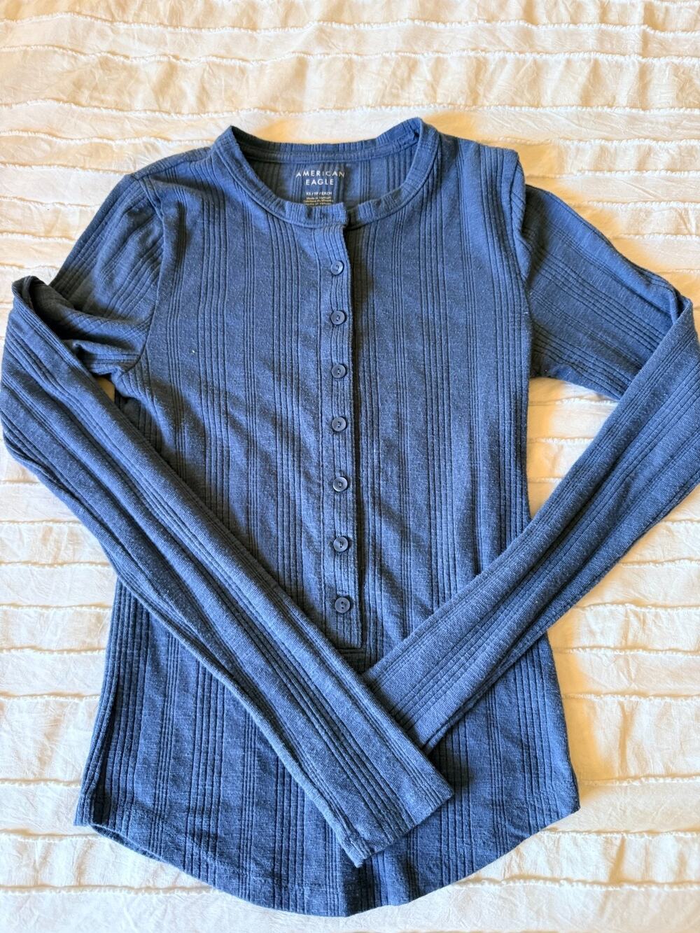 American Eagle Womens XS Blue Ribbed Henley Long Sleeve Button Stretch Top